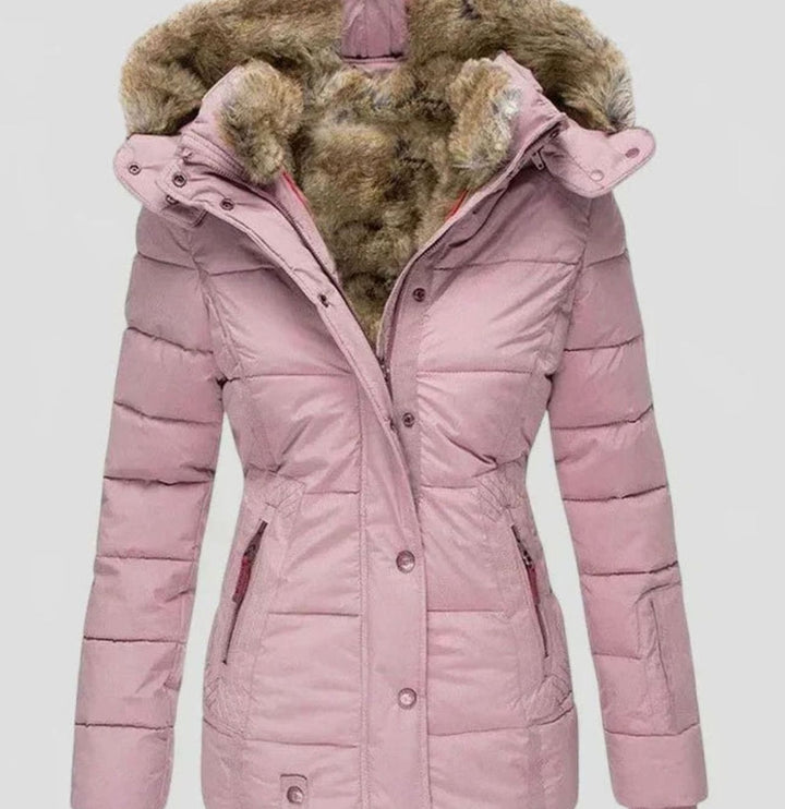 Damen Taillierte Gefütterte Winterjacke Abnehmbarer Kunstfell-Kapuze - Rosa