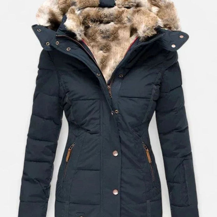 Damen Taillierte Gefütterte Winterjacke Abnehmbarer Kunstfell-Kapuze - Blau