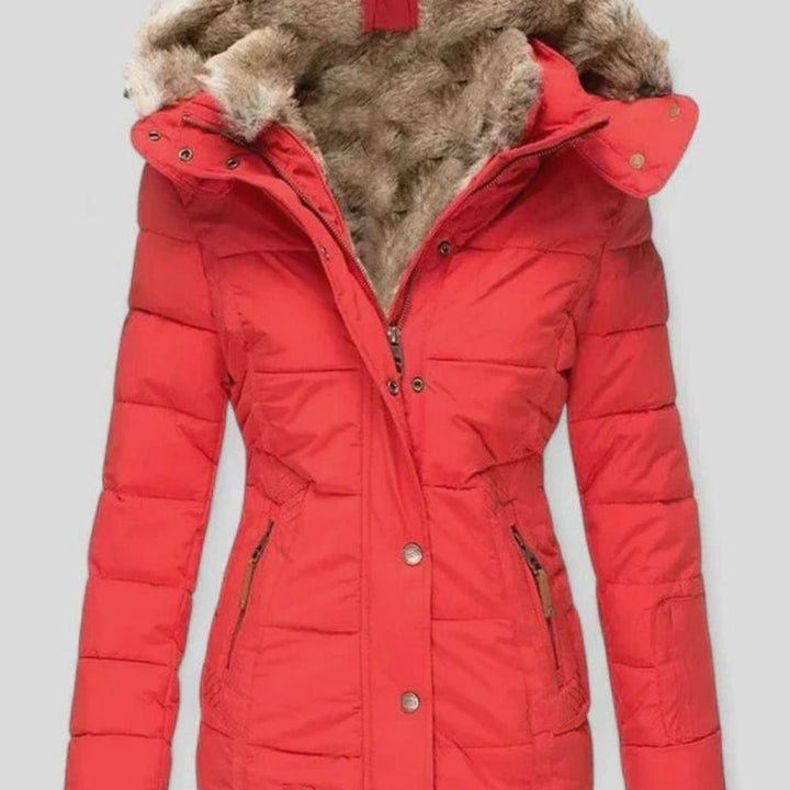 Damen Taillierte Gefütterte Winterjacke Abnehmbarer Kunstfell-Kapuze - Rot