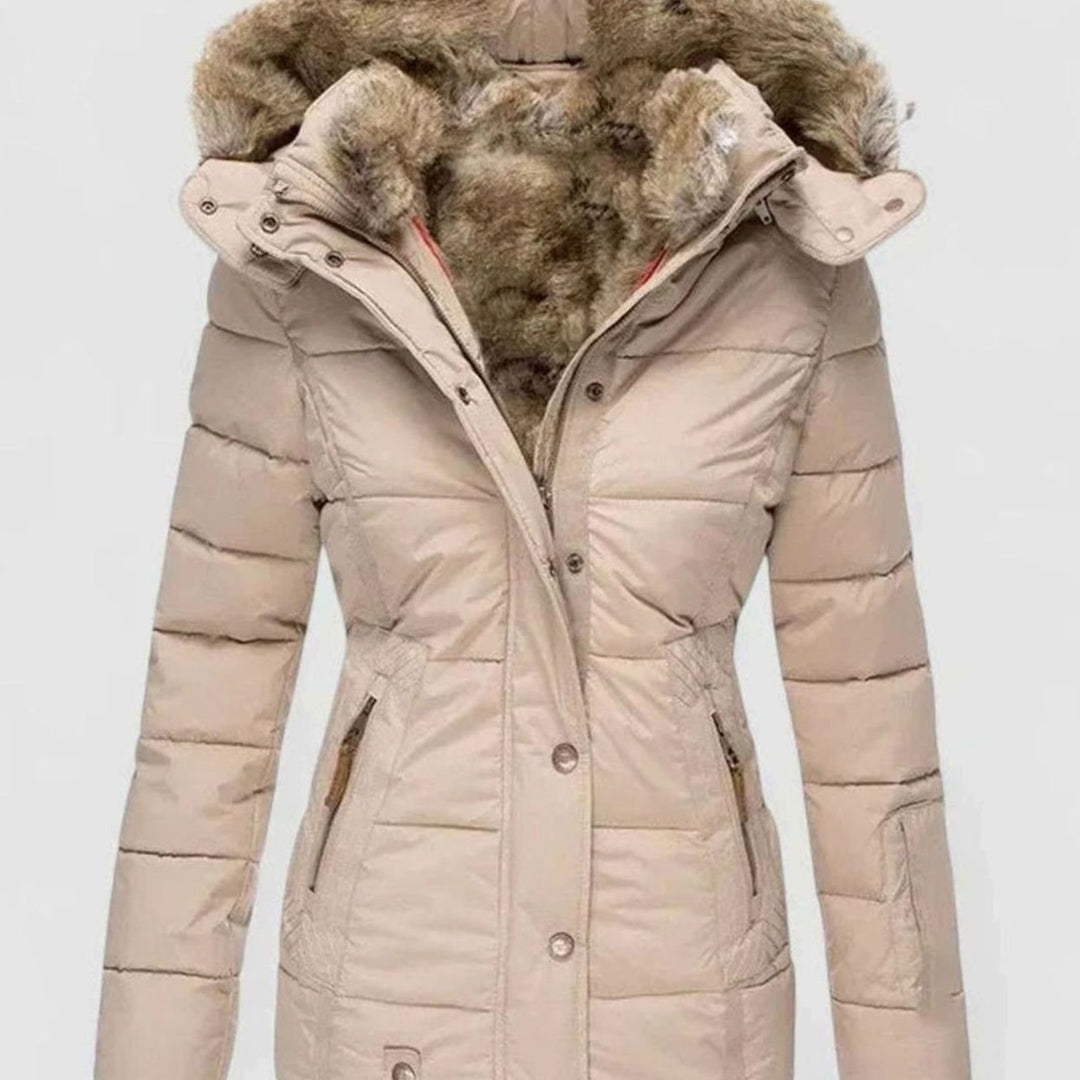 Damen Taillierte Gefütterte Winterjacke Abnehmbarer Kunstfell-Kapuze - Beige