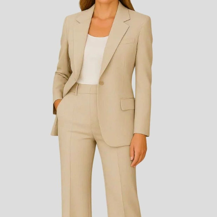 Damen Taillierter Einknopf Hosenanzug Set Krepp Blazer Gerader Schnitt - Beige