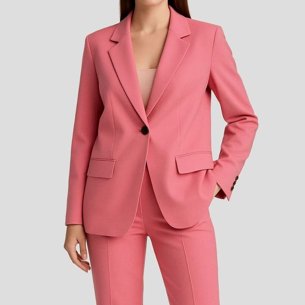 Damen Taillierter Einknopf Hosenanzug Set Krepp Blazer Gerader Schnitt - Rosa