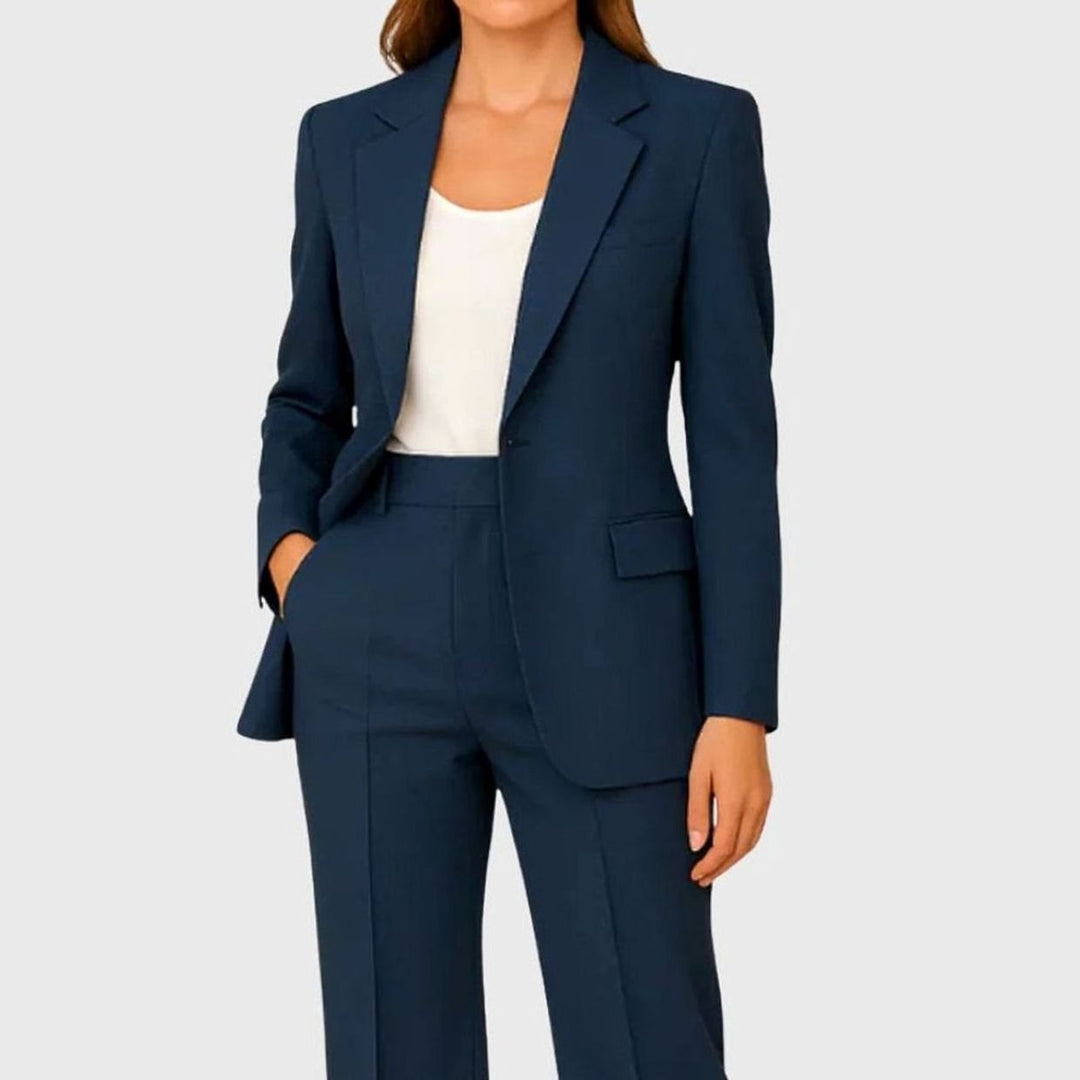 Damen Taillierter Einknopf Hosenanzug Set Krepp Blazer Gerader Schnitt - Marineblau