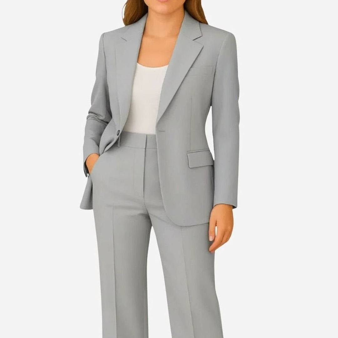 Damen Taillierter Einknopf Hosenanzug Set Krepp Blazer Gerader Schnitt - Grau