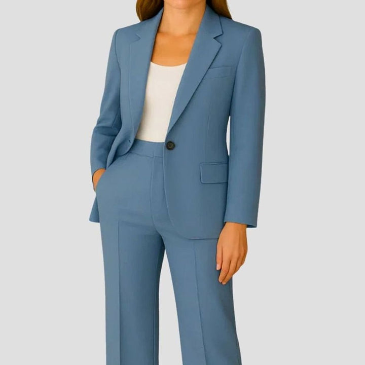 Damen Taillierter Einknopf Hosenanzug Set Krepp Blazer Gerader Schnitt - Blau