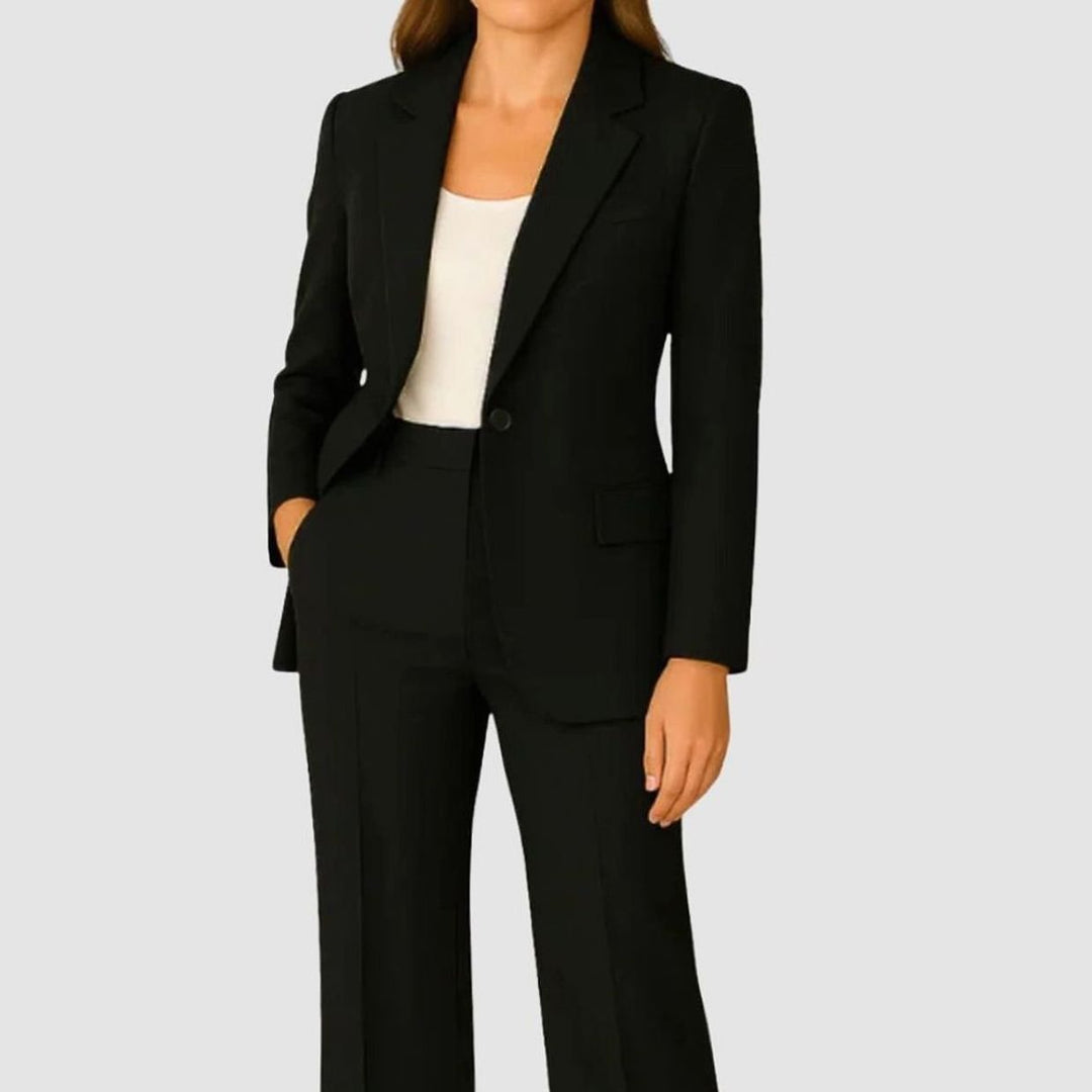 Damen Taillierter Einknopf Hosenanzug Set Krepp Blazer Gerader Schnitt - Schwarz