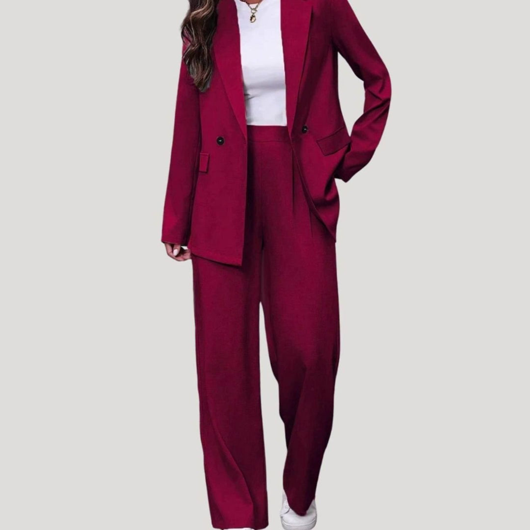 Damen Taillierter Zweireihiger Hosenanzug mit Weiter Hose, Burgundy - Weinrot