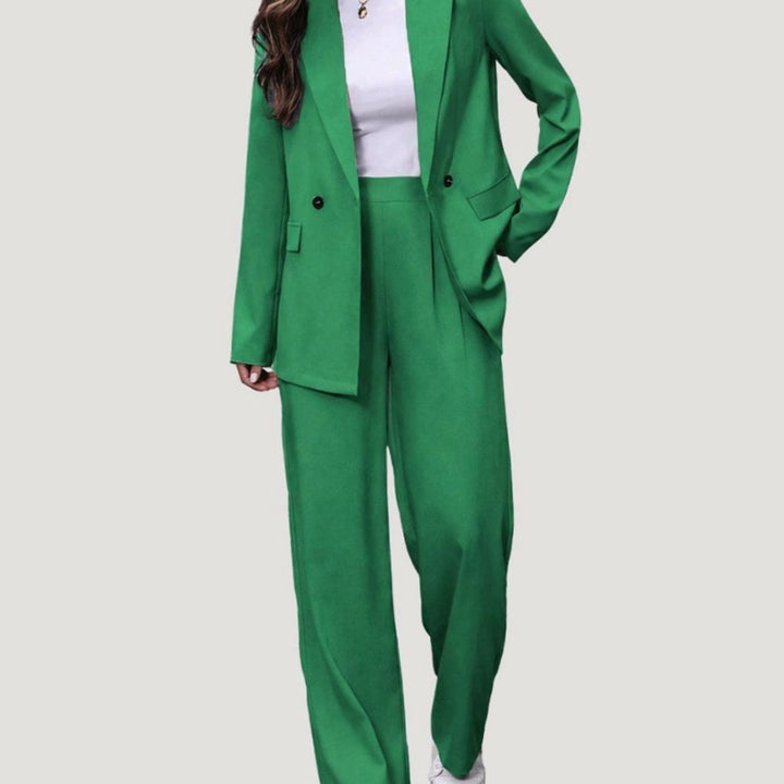 Damen Taillierter Zweireihiger Hosenanzug mit Weiter Hose, Burgundy - Grün