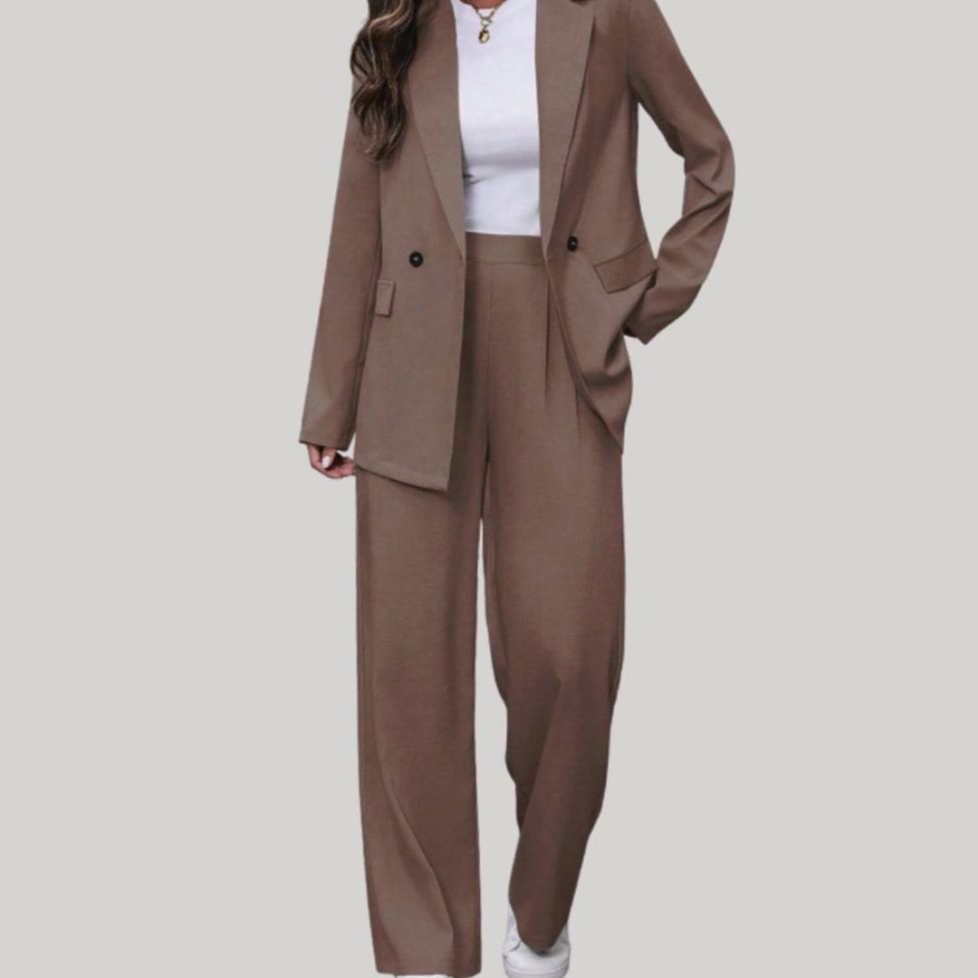 Damen Taillierter Zweireihiger Hosenanzug mit Weiter Hose, Burgundy - Braun