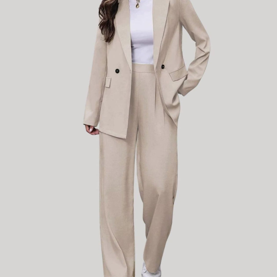 Damen Taillierter Zweireihiger Hosenanzug mit Weiter Hose, Burgundy - Weiß