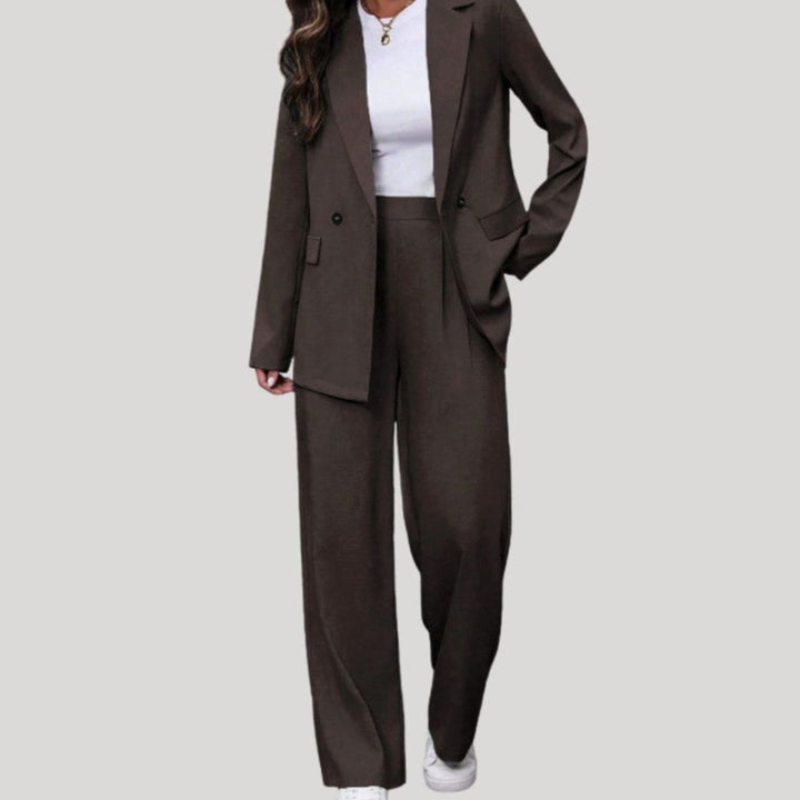 Damen Taillierter Zweireihiger Hosenanzug mit Weiter Hose, Burgundy - Dunkelbraun