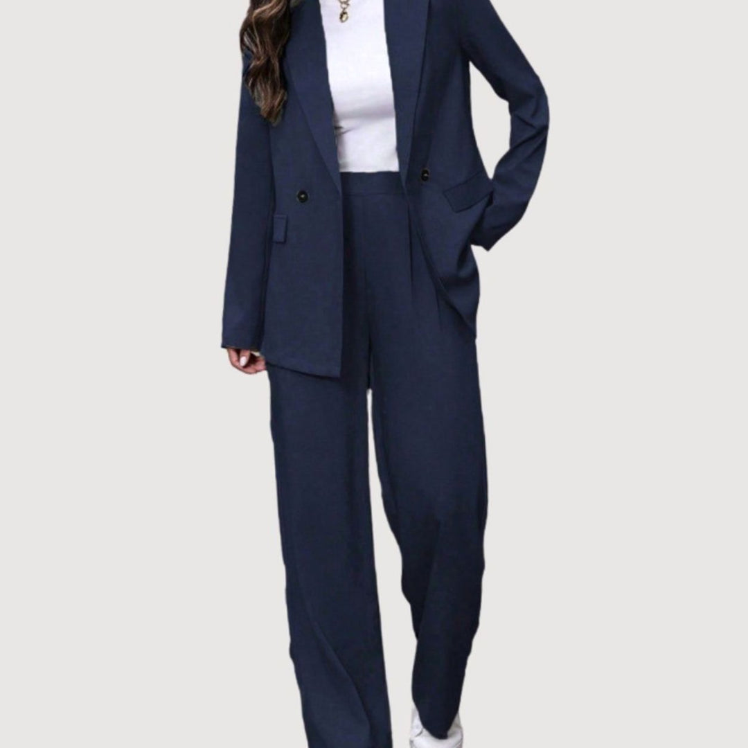 Damen Taillierter Zweireihiger Hosenanzug mit Weiter Hose, Burgundy - Marineblau