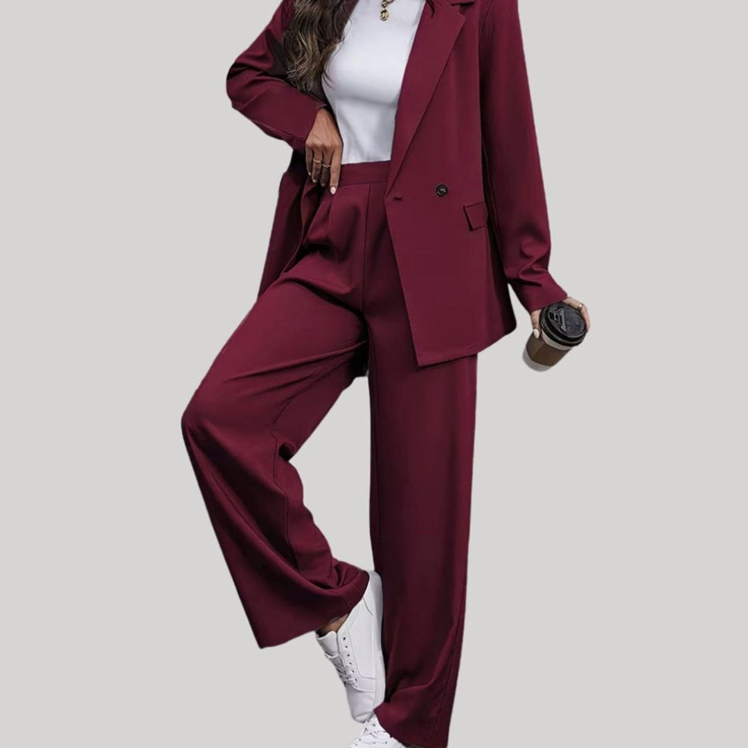 Damen Taillierter Zweireihiger Hosenanzug mit Weiter Hose, Burgundy