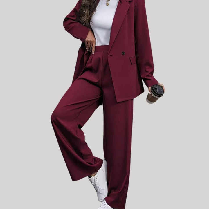 Damen Taillierter Zweireihiger Hosenanzug mit Weiter Hose, Burgundy