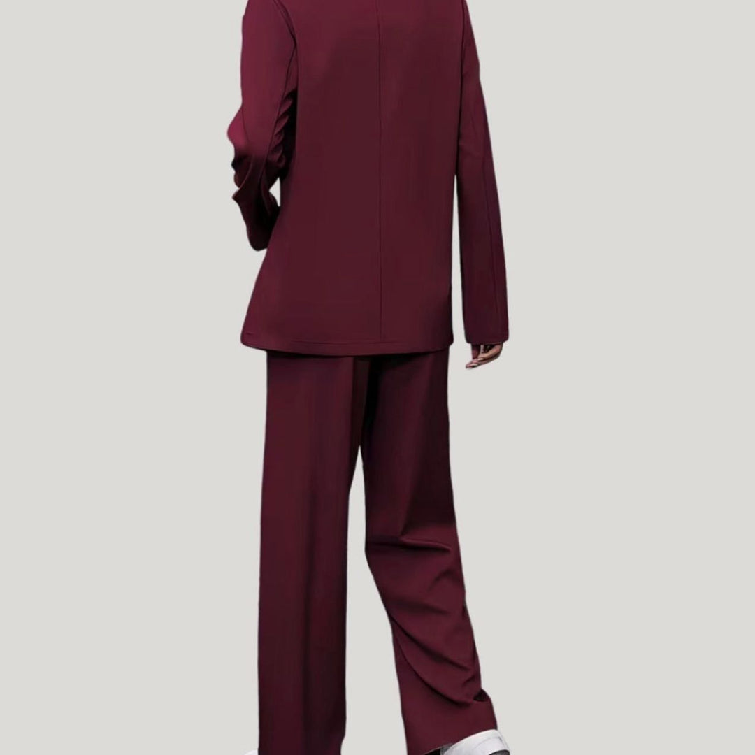 Damen Taillierter Zweireihiger Hosenanzug mit Weiter Hose, Burgundy