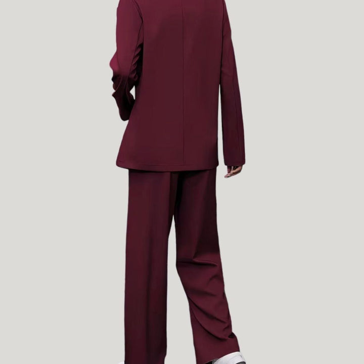 Damen Taillierter Zweireihiger Hosenanzug mit Weiter Hose, Burgundy