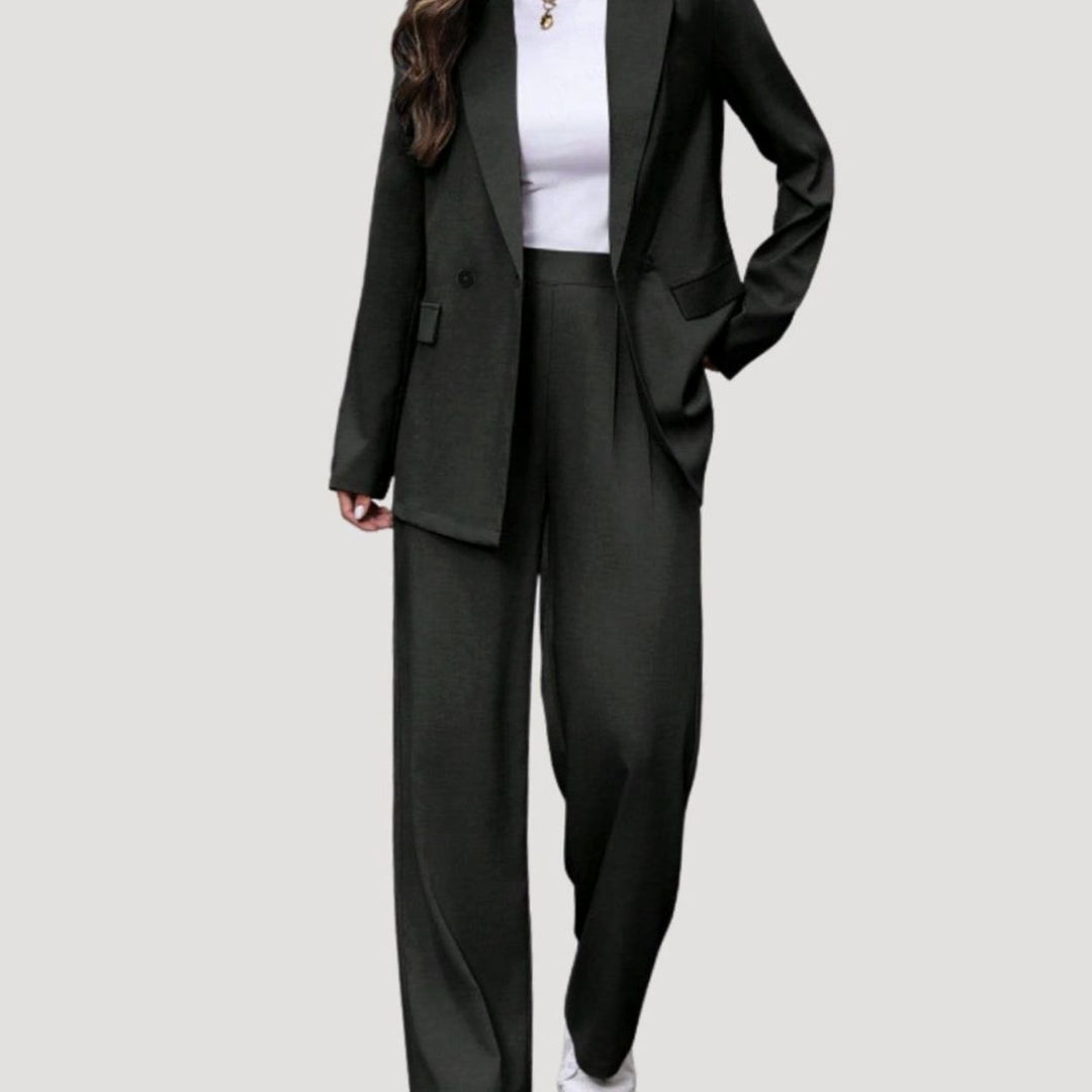 Damen Taillierter Zweireihiger Hosenanzug mit Weiter Hose, Burgundy - Schwarz