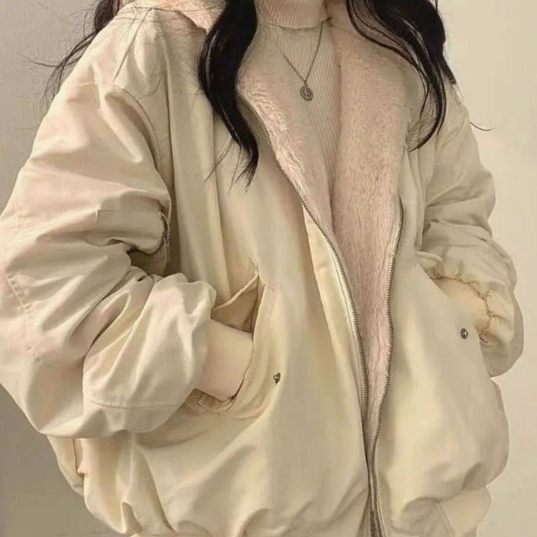 Damen Teddyfell-Innenfutter Oversized Doppellagige Winterjacke mit Reißverschluss - Beige