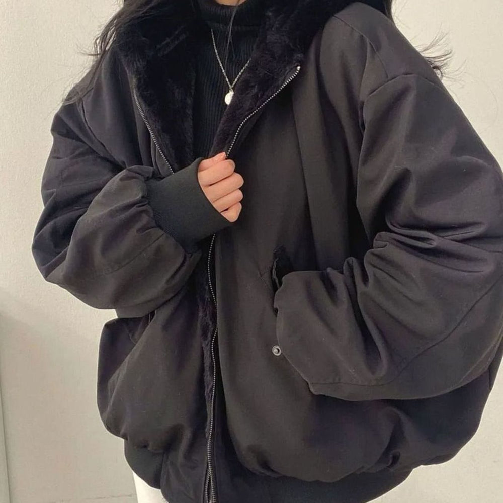 Damen Teddyfell-Innenfutter Oversized Doppellagige Winterjacke mit Reißverschluss - Schwarz