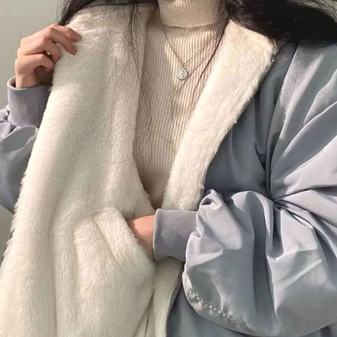 Damen Teddyfell-Innenfutter Oversized Doppellagige Winterjacke mit Reißverschluss - Blau