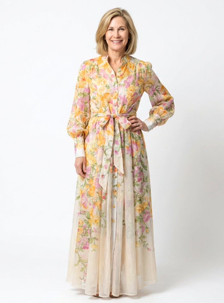 Damen Transparente Langarm Blumen Maxi-Kleid mit Bindegürtel - Gelb
