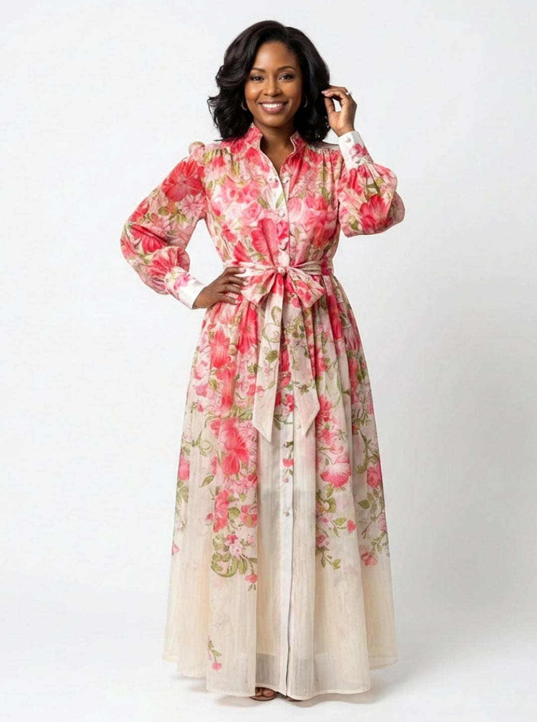 Damen Transparente Langarm Blumen Maxi-Kleid mit Bindegürtel - Rot