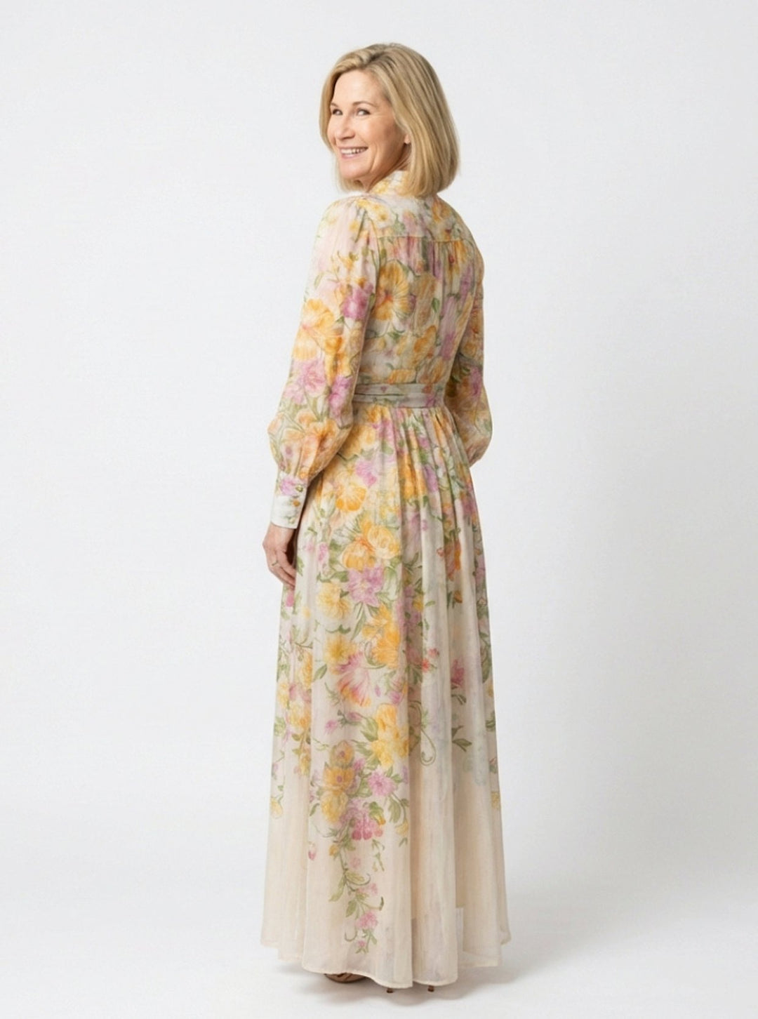 Damen Transparente Langarm Blumen Maxi-Kleid mit Bindegürtel