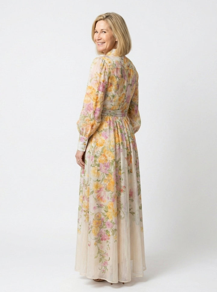 Damen Transparente Langarm Blumen Maxi-Kleid mit Bindegürtel