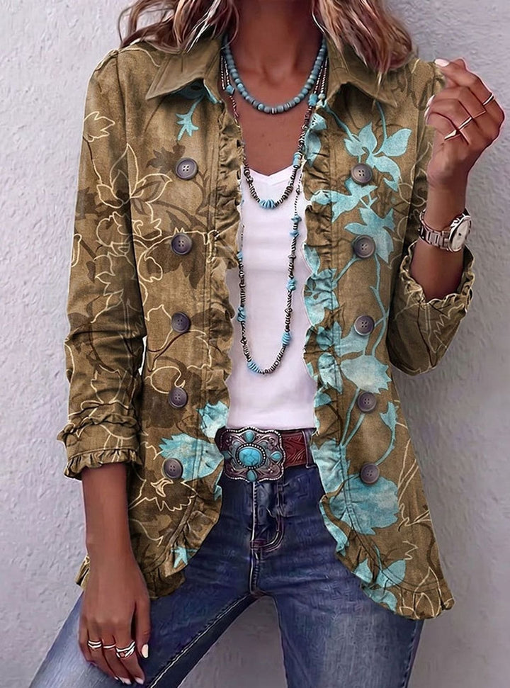 Damen Vintage Boho Rüschen-Jacke mit Blumendruck - Oliv & Türkis Blumendruck