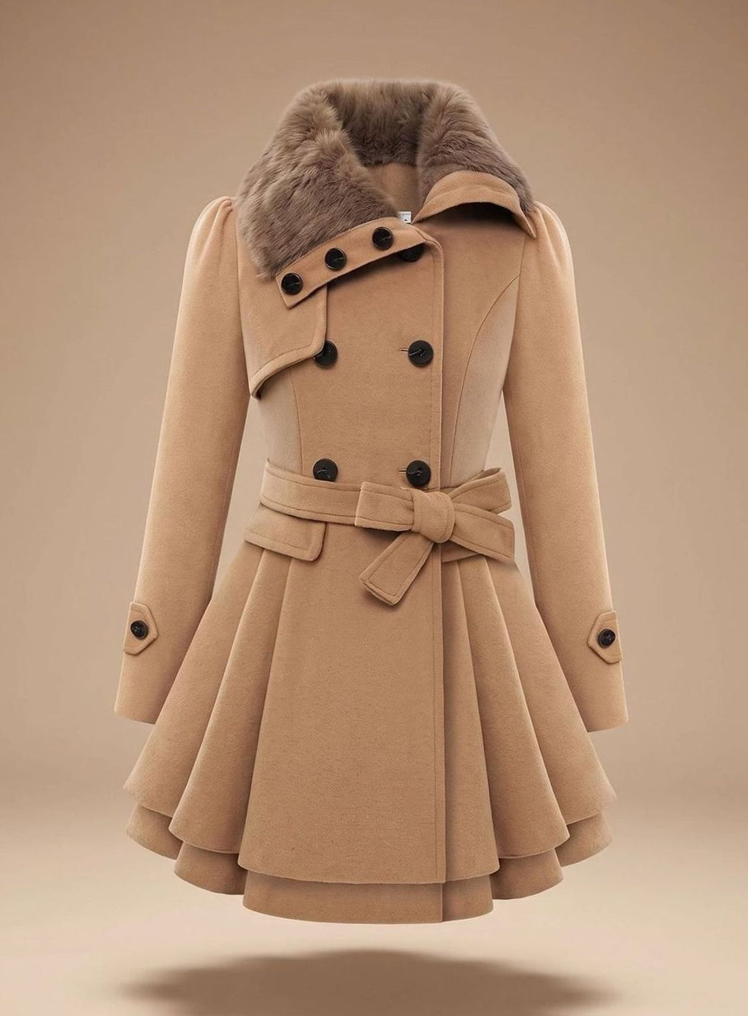 Damen Vintage Doppelreiher Taillierter Wintermantel Kunstfell-Kragen Bindegürtel - Beige