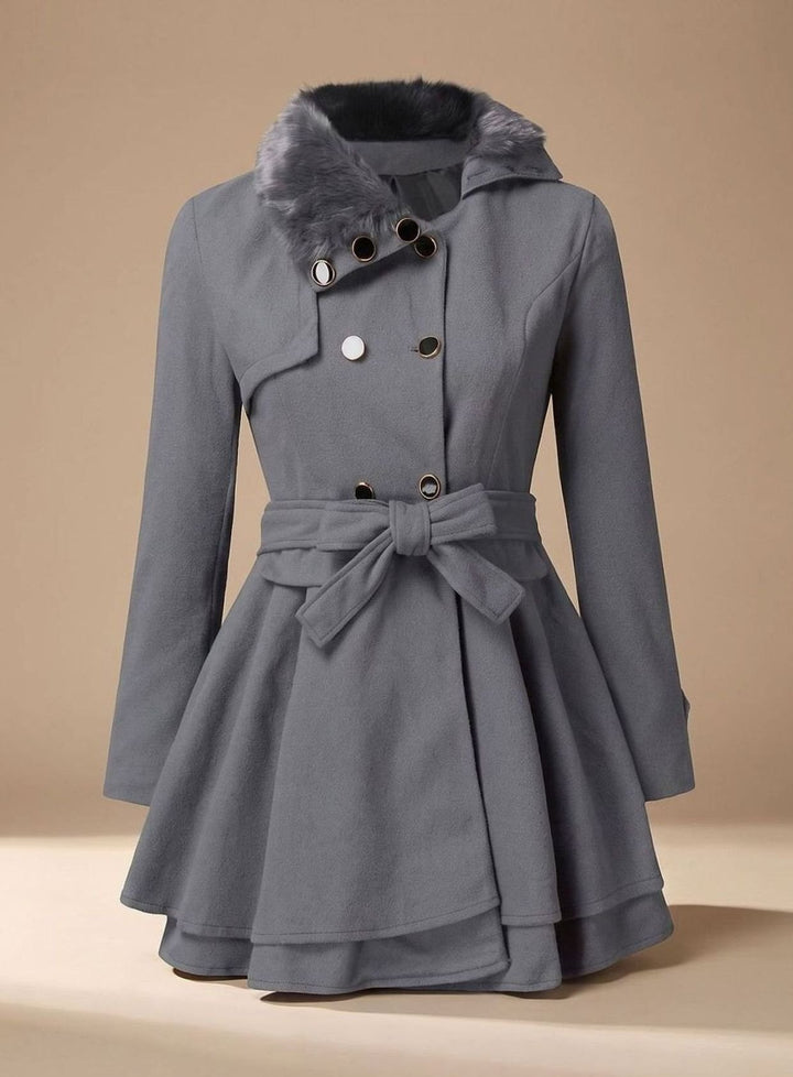 Damen Vintage Doppelreiher Taillierter Wintermantel Kunstfell-Kragen Bindegürtel - Grau