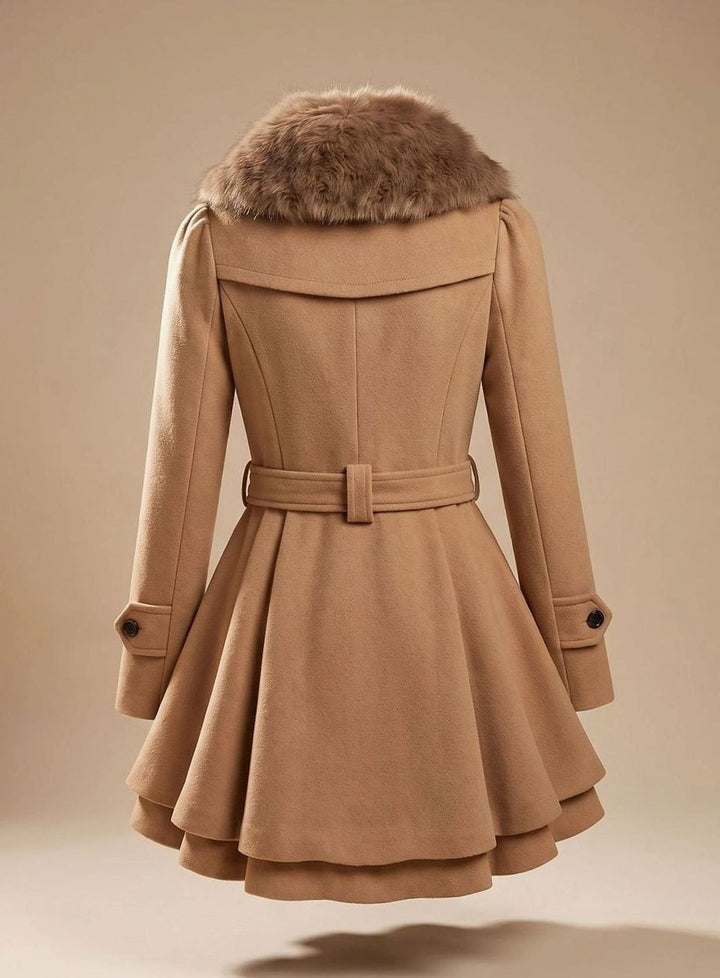 Damen Vintage Doppelreiher Taillierter Wintermantel Kunstfell-Kragen Bindegürtel