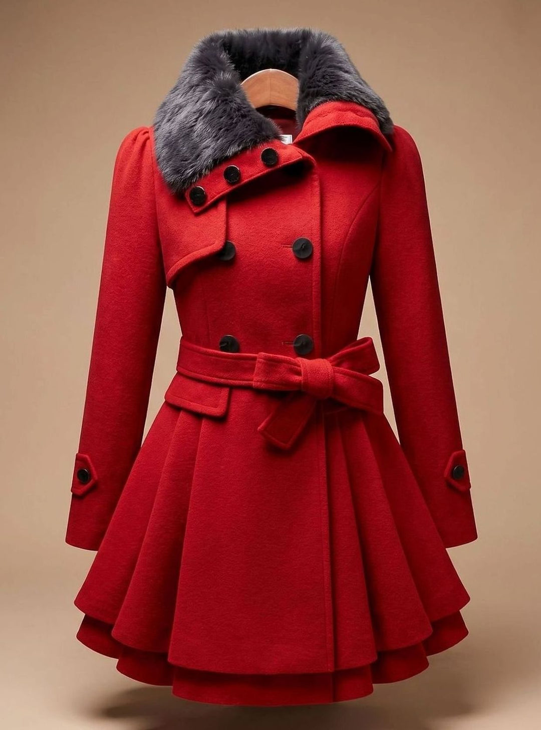Damen Vintage Doppelreiher Taillierter Wintermantel Kunstfell-Kragen Bindegürtel - Rot