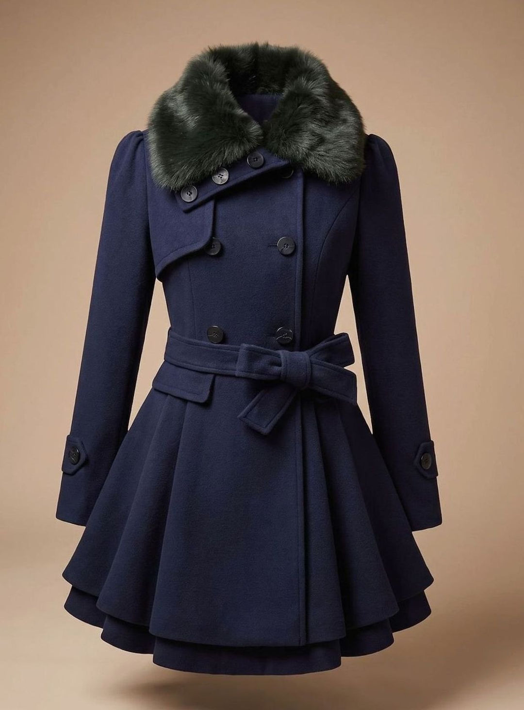 Damen Vintage Doppelreiher Taillierter Wintermantel Kunstfell-Kragen Bindegürtel - Dunkelblau