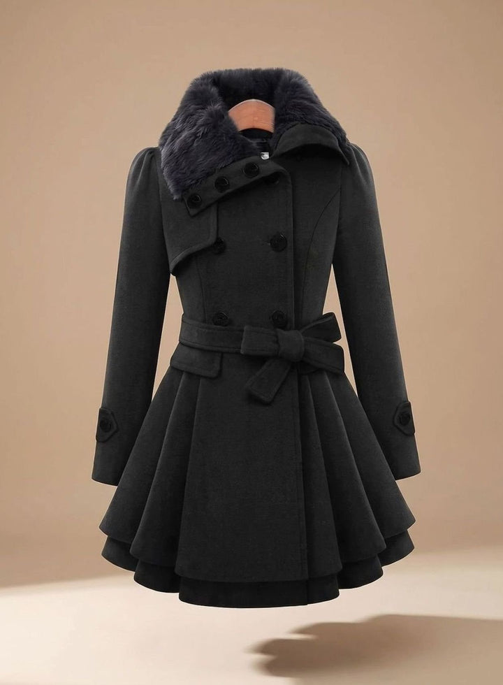 Damen Vintage Doppelreiher Taillierter Wintermantel Kunstfell-Kragen Bindegürtel - Schwarz