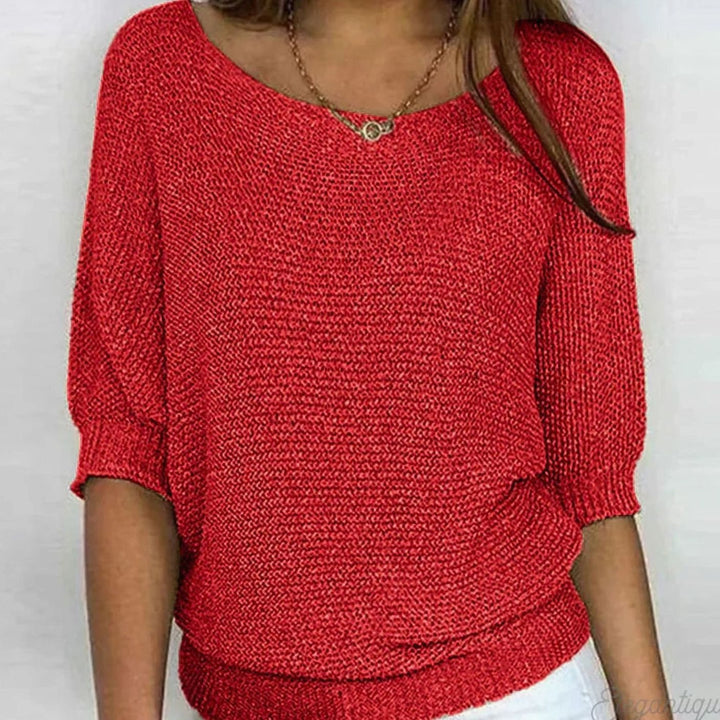 Damen weicher Strick Pullover mit Strickmuster Halbarm Rundhals