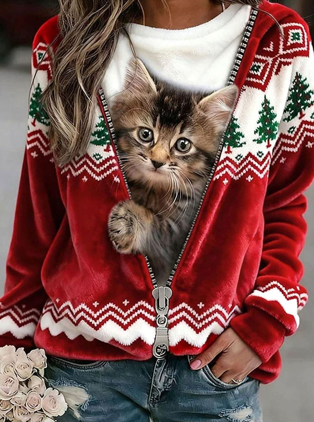 Damen Weihnachtspullover Flanell Katzen-Print Weihnachtsbaum Sweatshirt - A