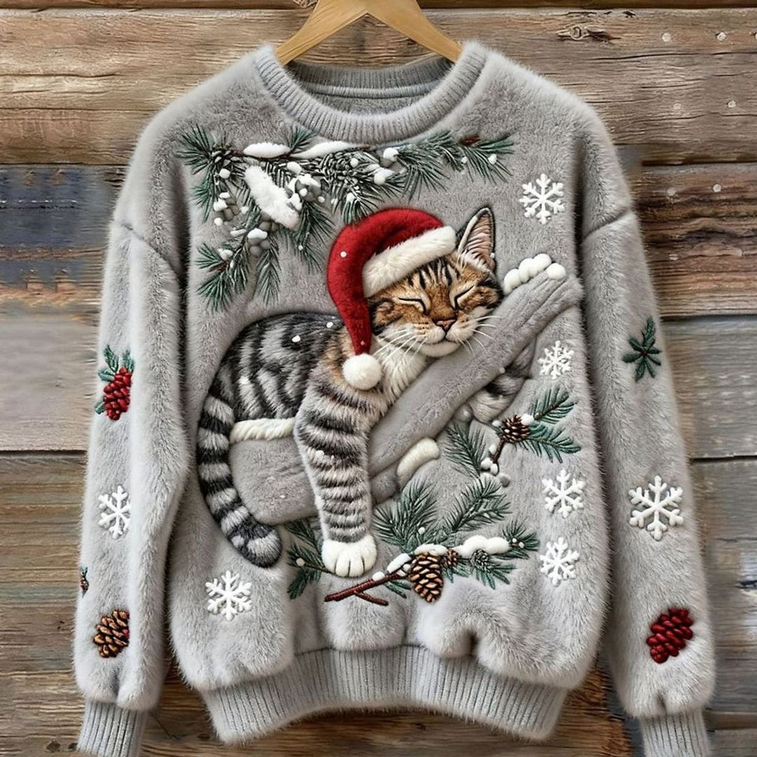 Damen Weihnachtspullover Katzenmotiv Plüsch Rundhals Sweater