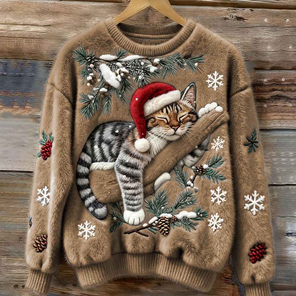 Damen Weihnachtspullover Katzenmotiv Plüsch Rundhals Sweater - Khaki