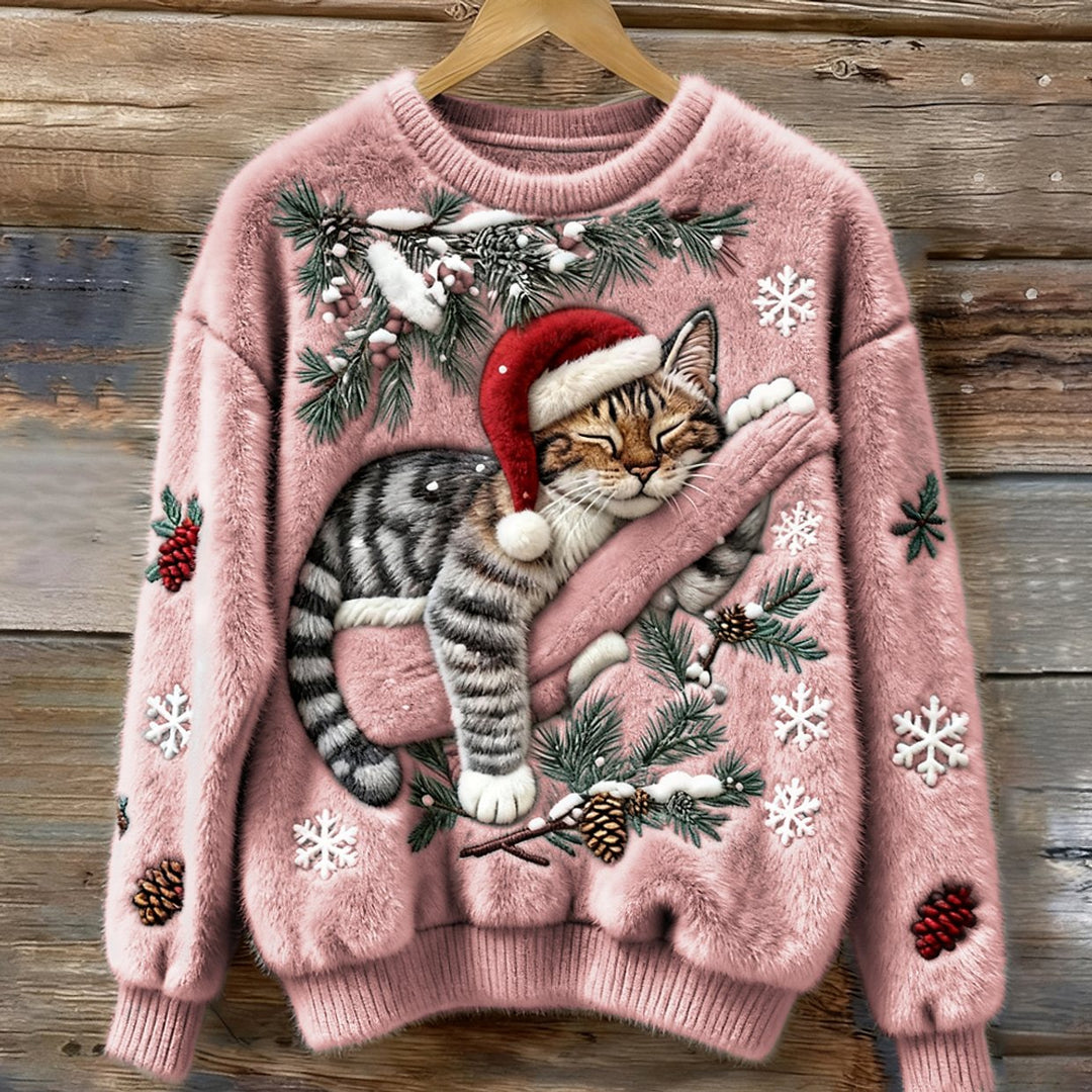 Damen Weihnachtspullover Katzenmotiv Plüsch Rundhals Sweater - Rosa