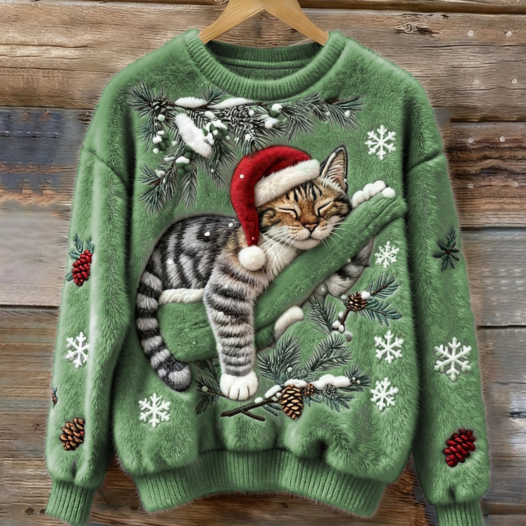 Damen Weihnachtspullover Katzenmotiv Plüsch Rundhals Sweater - Grün