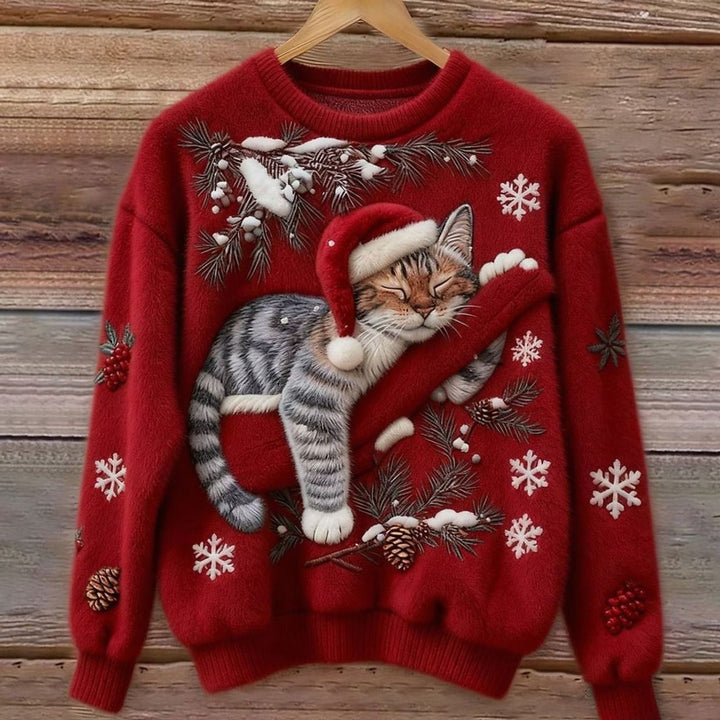 Damen Weihnachtspullover Katzenmotiv Plüsch Rundhals Sweater - Rot