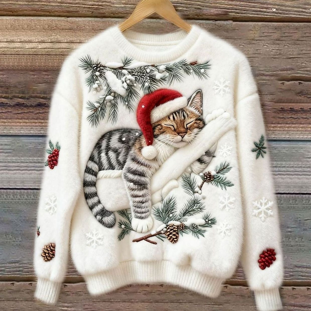 Damen Weihnachtspullover Katzenmotiv Plüsch Rundhals Sweater - Weiß