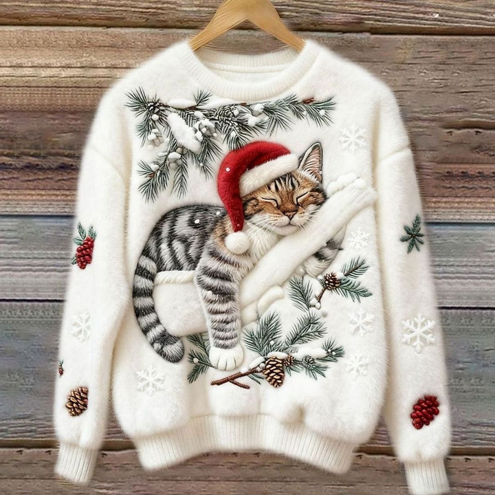 Damen Weihnachtspullover Katzenmotiv Plüsch Rundhals Sweater - Weiß