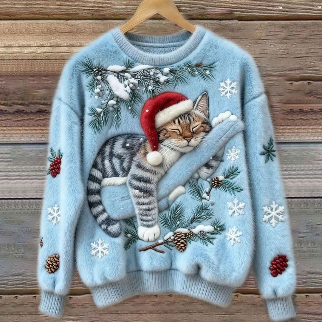 Damen Weihnachtspullover Katzenmotiv Plüsch Rundhals Sweater - Blau