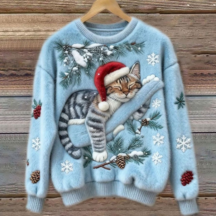 Damen Weihnachtspullover Katzenmotiv Plüsch Rundhals Sweater - Blau