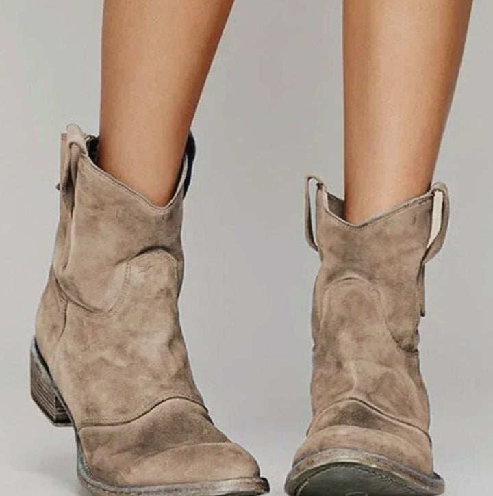Damen Wildleder-Westernstiefel mit niedrigem Absatz Zugschlaufen Blockabsatz
