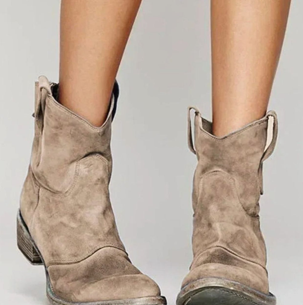 Damen Wildleder-Westernstiefel mit niedrigem Absatz Zugschlaufen Blockabsatz - Braun
