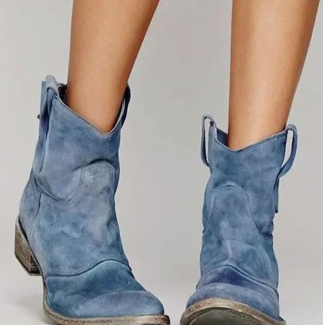 Damen Wildleder-Westernstiefel mit niedrigem Absatz Zugschlaufen Blockabsatz - Blau