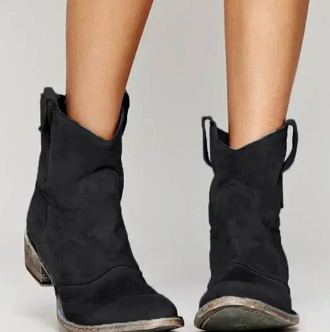 Damen Wildleder-Westernstiefel mit niedrigem Absatz Zugschlaufen Blockabsatz - Schwarz